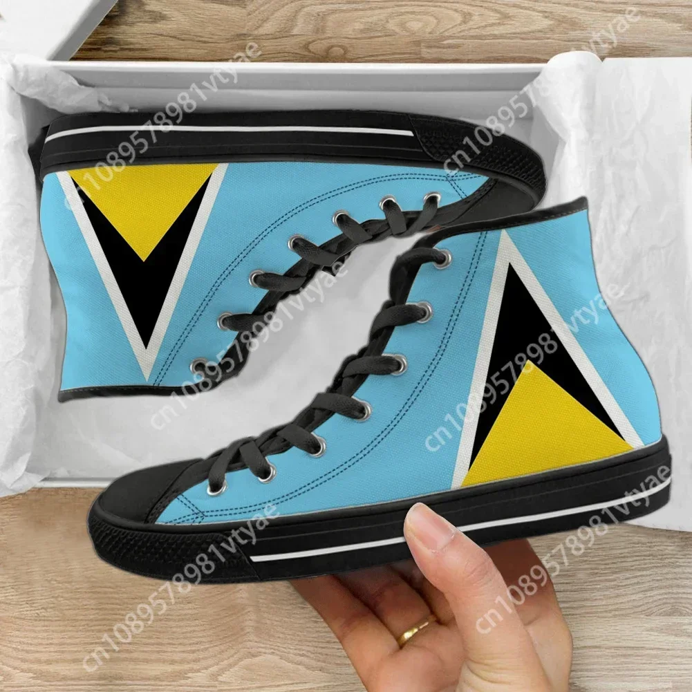 Custom Made Saint Lucia Flag Design Women High Top Shoes Lightweight Lace Up Sneakers Comfortable Classic Vulcanized Footwear