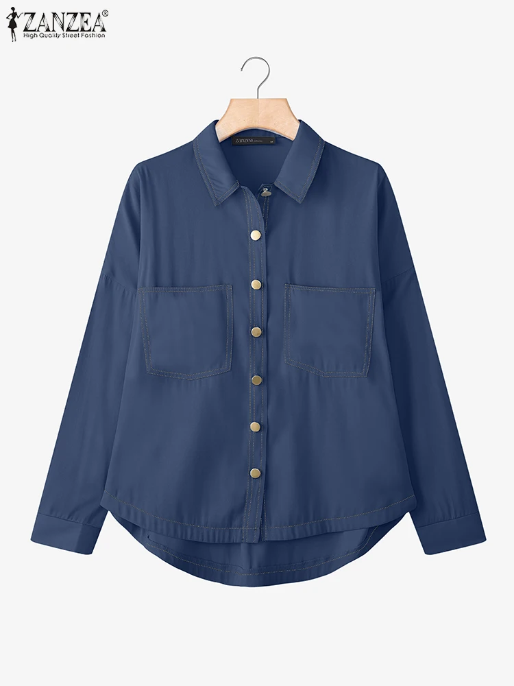 

ZANZEA модная джинсовая рубашка 2025 женская повседневная свободная однотонная блузка с длинным рукавом осенняя элегантная уличная одежда Blusas туника топ