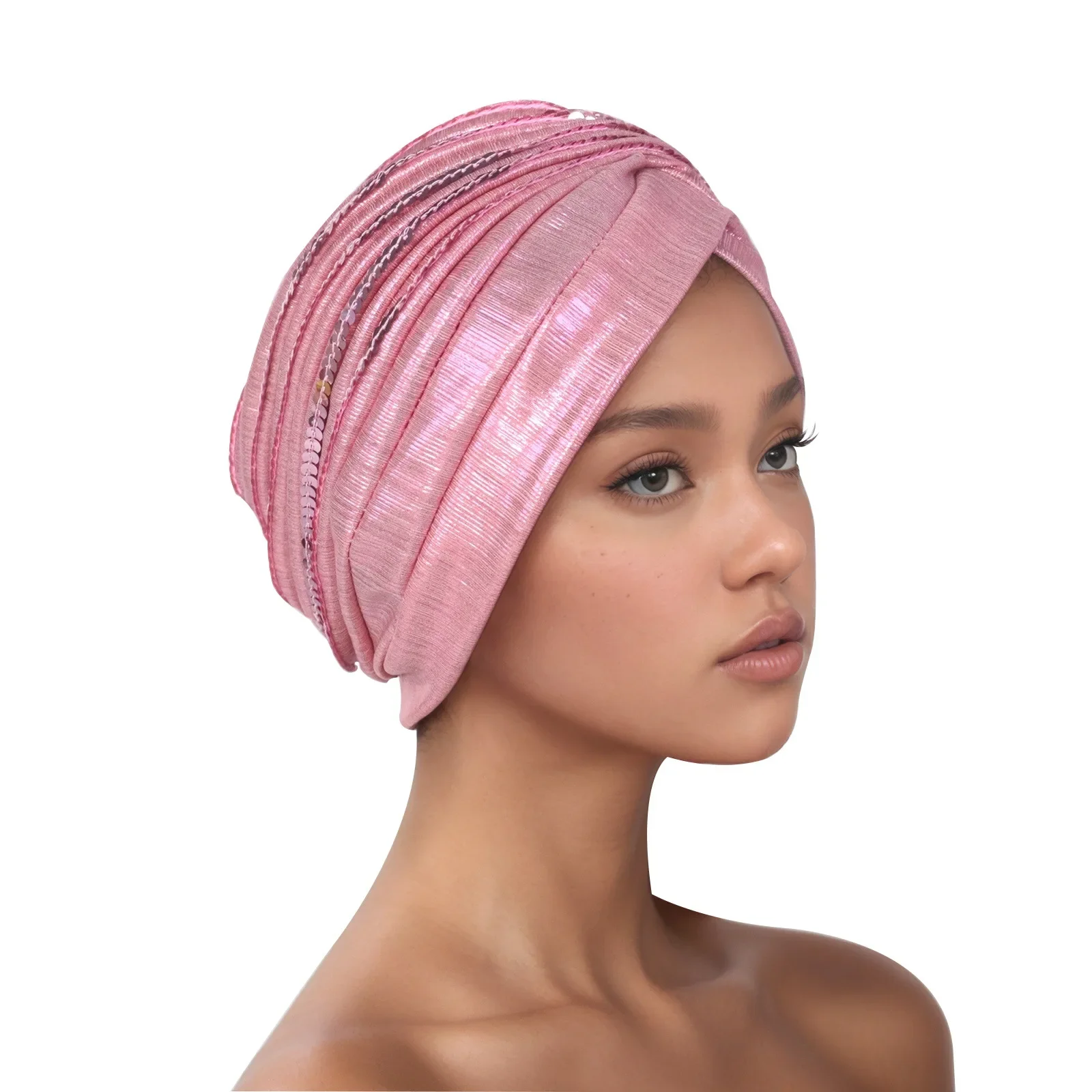 

Fashion Sequin Turban Women Muslim Hijab Bonnet Pleated Headscarf Beanie Chemo Cap Hair Loss Headwrap African Hat Turbante Mujer