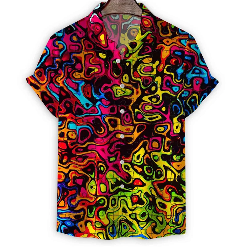 Fashionable Colorful Blue Green Pink Abstract Printed Men's Short Sleeved Shirt Summer Vacation Breathable Comfortable Shirt