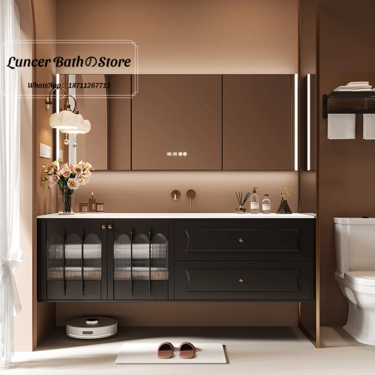 Modern Long Strip Textured Glass Bathroom Cabinet, Stylish DuPont Corian Seamless Integrated Basin Washstand for Home
