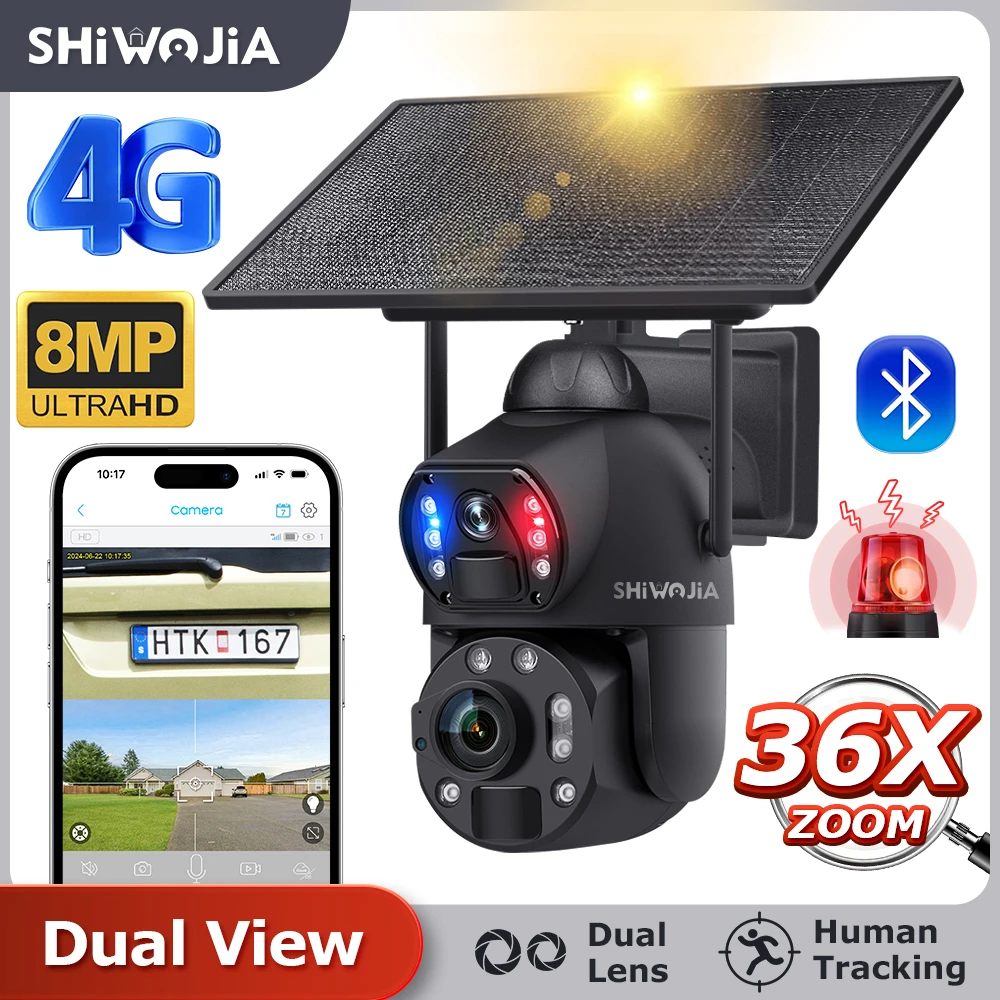 

SHIWOJIA 4K 8MP 36X Zoom 4G Solar Camera Dual Lens Dual Screen Human Detect Auto Tracking Outdoor 10W Solar Panel WIFI CCTV