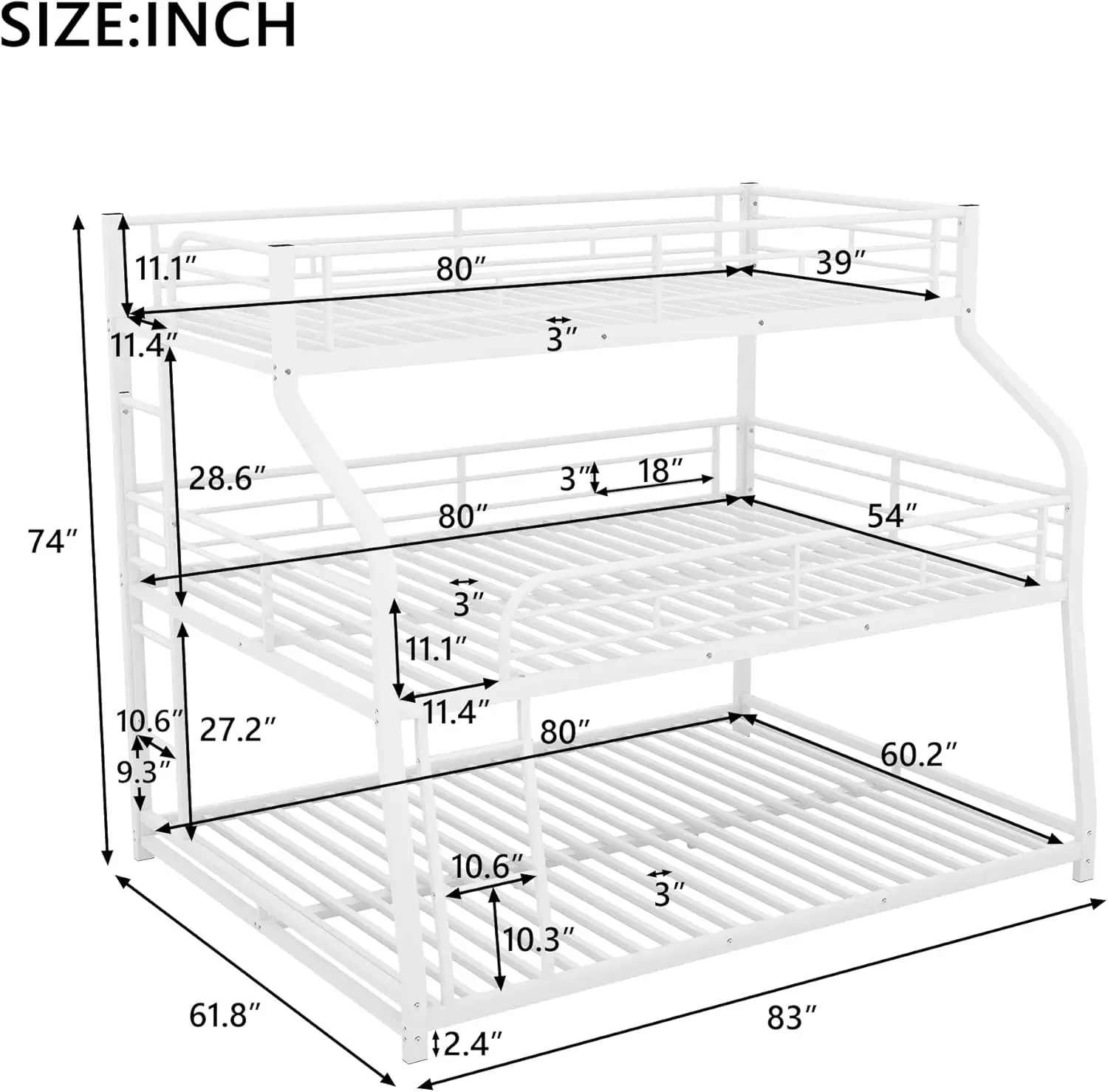 Cama triple 3 en 1, litera resistente de 3 camas con rieles de protección y 2 escaleras para niños, adolescentes, adultos, blanco