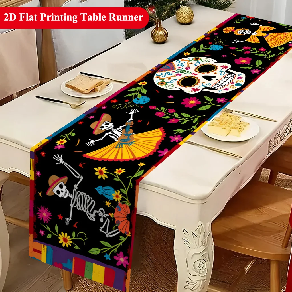 1pc Mexican Day of the Dead Table Runner Traditional Calavera Suitable for Dining Tables, Kitchens, Indoor/Outdoor Decoration