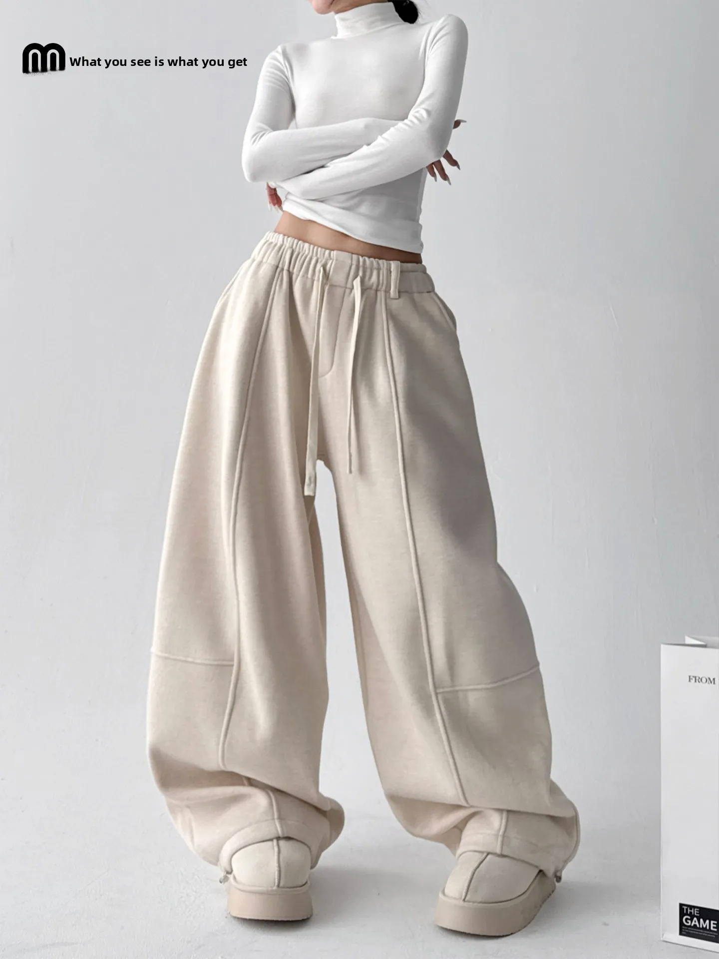 

Женские повседневные брюки с высокой талией, широкие штанины, зимние, новые, свободные, струящиеся, в американском спортивном стиле, из эластичного хлопкового бленда