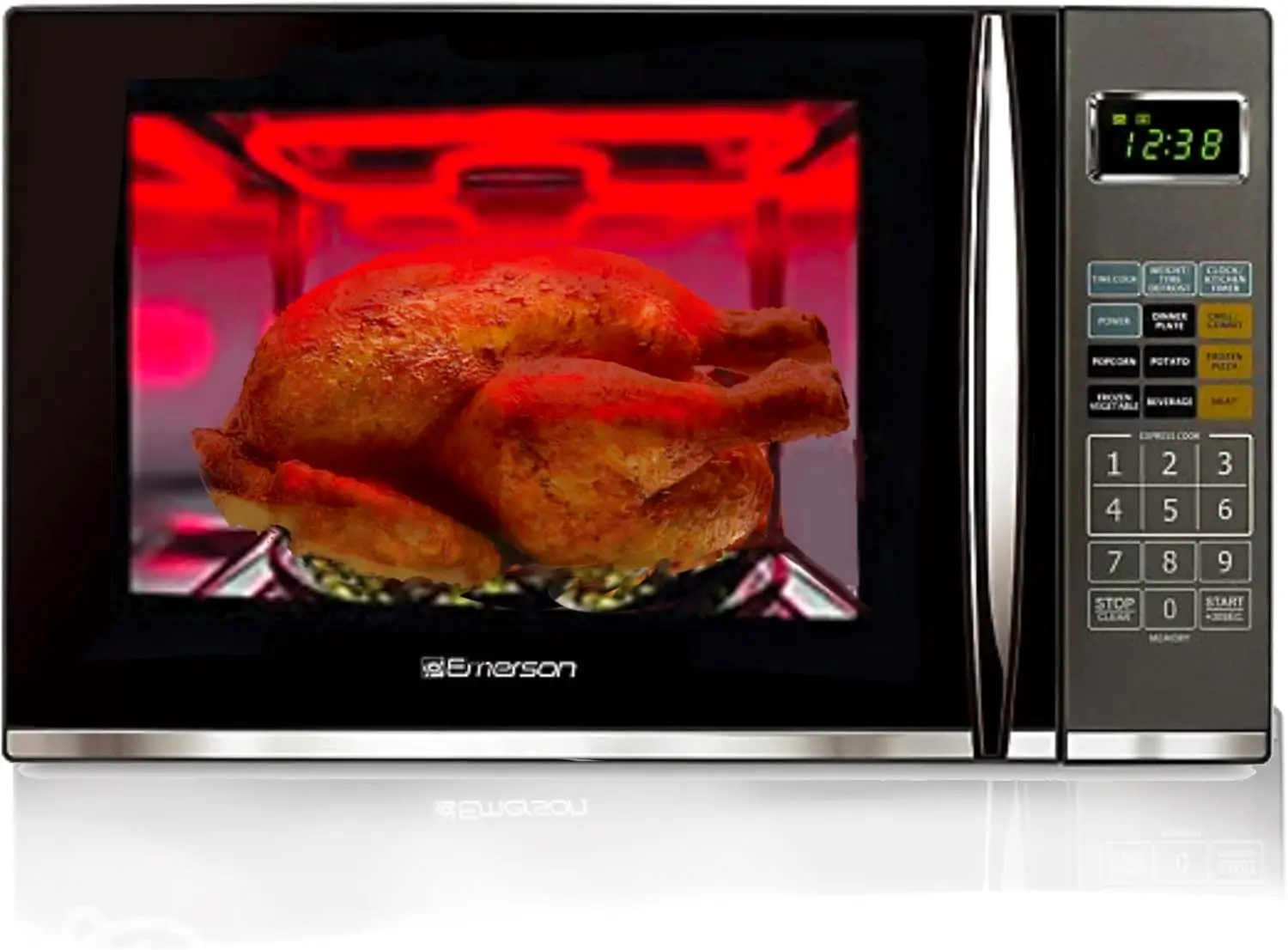 Emerson 1,2 Cu. Pies Horno microondas con Griller, temporizador y pantalla LED, 11 niveles de potencia, 9 ajustes preprogramados, vidrio extraíble