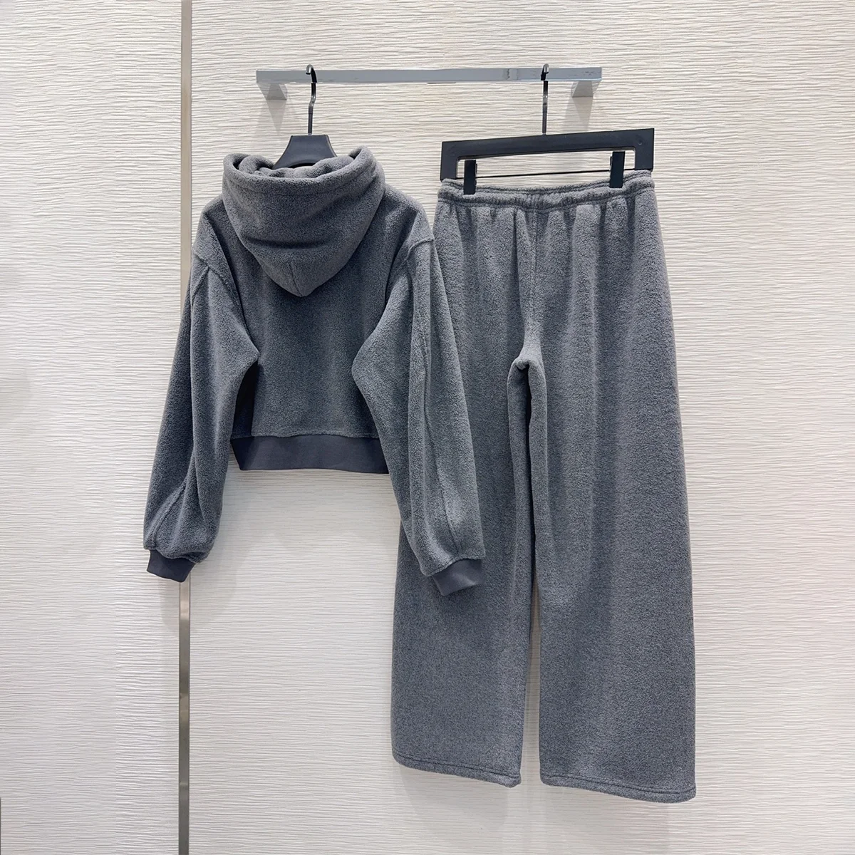 2026 High quality women's clothing with gray teddy fleece hooded short jacket and wide leg pants two-piece set2610736