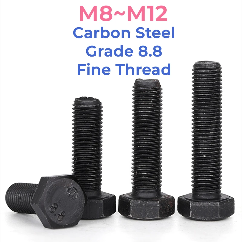 Grade 8.8 High Strength Black Carbon Steel Fine Thread Outside Hex Head Bolt M8 M10 M12 External Hexagon Head Screw Fine Tooth