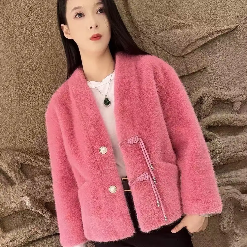 Autumn And Winter New Mink Fleece Fur Integrated V-Neck Buckle National European MinkFleece Cardigan Jacket Imitation Fur Jacket
