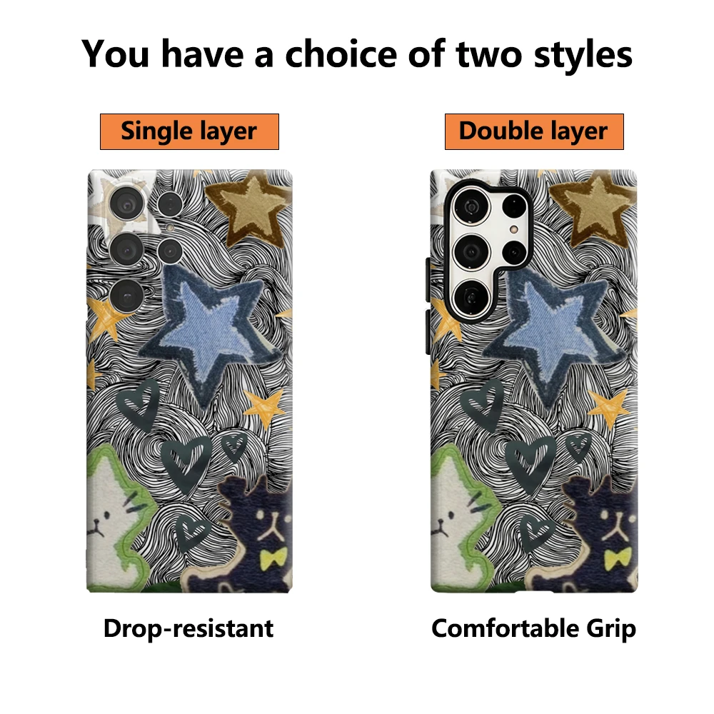 Vintage Whirl Cat Star Patchwork Phone Case for Samsung Galaxy S25 Ultra S24 S23 Ultra Plus Glossy Double-layer Back Cover