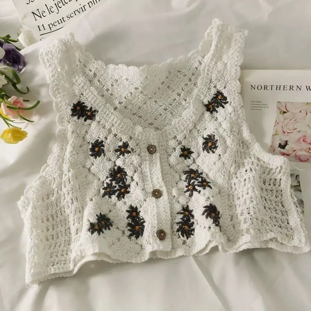 Women Sweet Cotton Camisole Summer Floral Embroidery Sleeveless Buttons Front Crop Tops Beach Sweet Crochet French Style