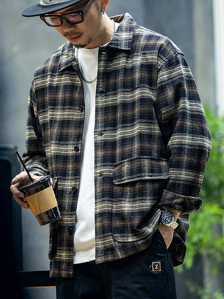 Men's Plaid Long Sleeve Shirt American Retro Casual Cotton Flannel Workwear Jacket Spring Autumn Wearable for Young Men