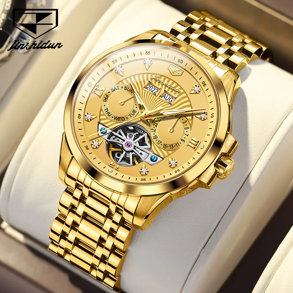 JSDUN Original Business Waterproof Stainless Steel Man Watch Luminous Calendar Multifunction Gold Automatic Mechanical Watch Men