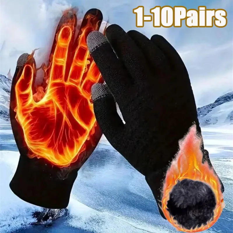 1-10Pairs Thick Knit Touchscreen Gloves Thermal Windproof Fleece Lined for Winter Driving Cycling Commuter Use