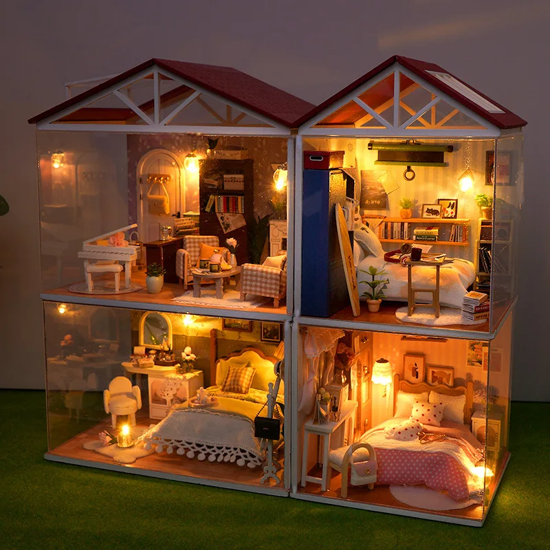 DIY Houten Poppenhuis Mini Slaapkamer Keuken Bakkerij Model Monteer Speelgoed Miniatuur Meubelset Kinderen Volwassen Kerstcadeau Casa