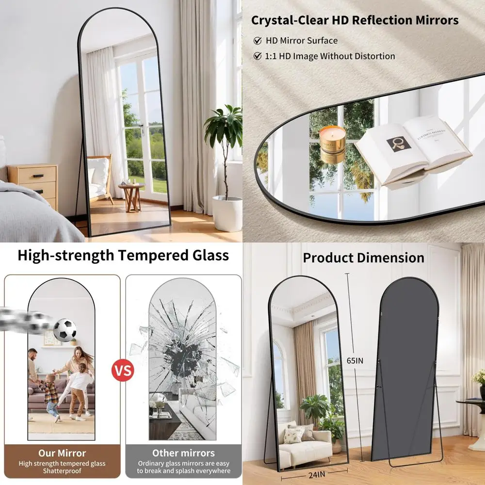Espelho de piso arqueado 65x24 polegadas, vidro nano, moldura de alumínio, espelho de vestir de corpo inteiro com suporte, espelhos decorativos para casa
