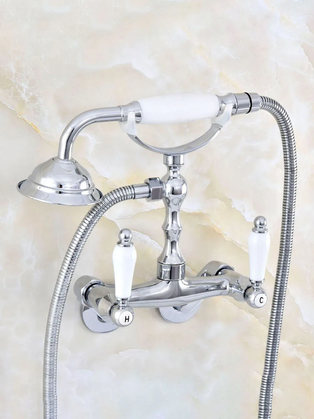 

Polished Chrome Brass Adjusts From 3-3/8" Wall Mount Bathtub Faucet with Handheld Shower Set +1.5M Hose Mixer Tap 2qg412
