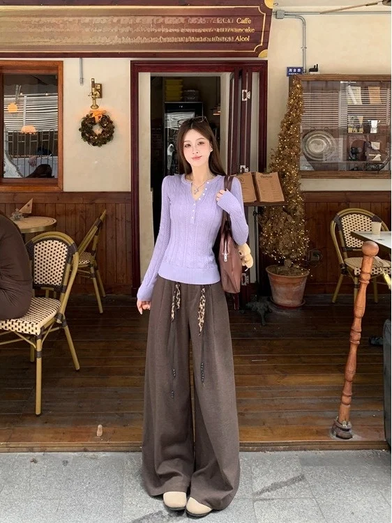 

plus Size Fashion Set Autumn Winter New Style Pure Desire Inner Wear Purple Slim Long Sleeve Sweater Retro Wide Leg Pants