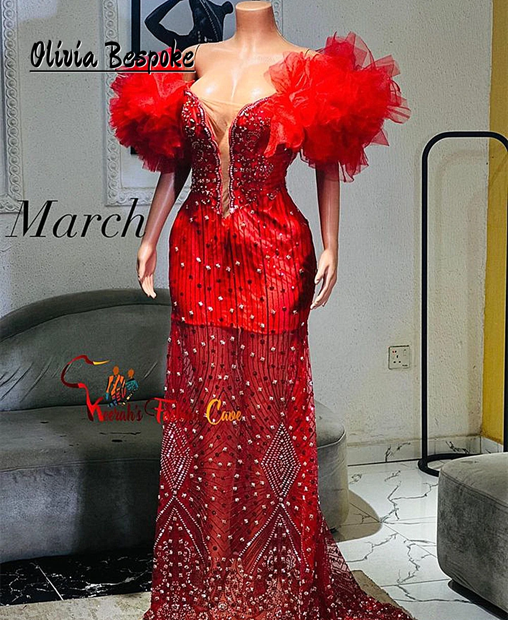 Excellent African Red Mermaid Prom Dresses 2024 Aso Ebi Style Wedding Party Gowns Beaded Rhinestones Ruched Shoulder Birthday