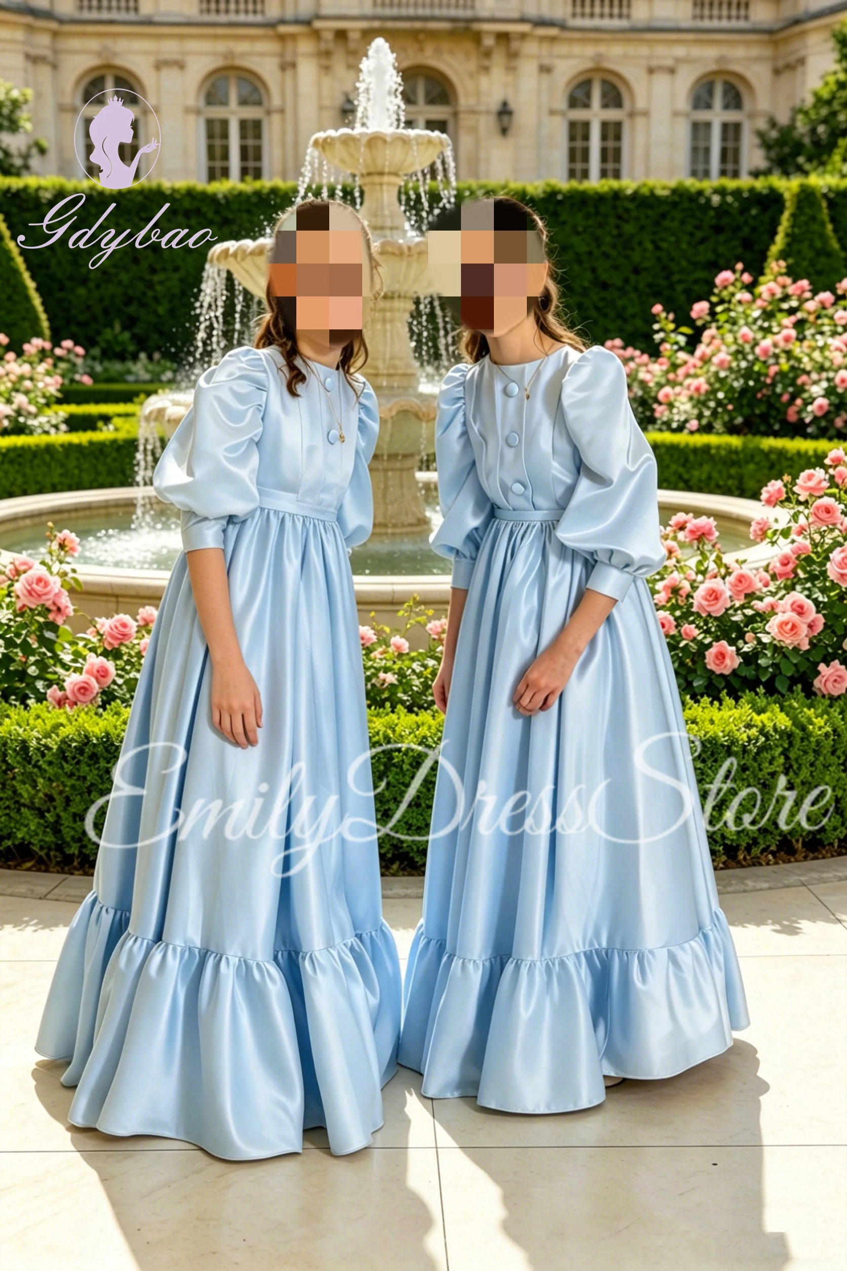 Customized Blue Flower Girl Dress for Wedding Ruffles Satin Pleated Puffy Kids Birthday Party Bridesmaid First Communion Gown