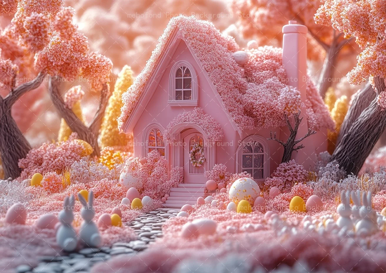 Mehofond 写真撮影背景 イースター 小さな白いウサギ カラフルな卵 石道の家 子供 家族ポートレート背景装飾