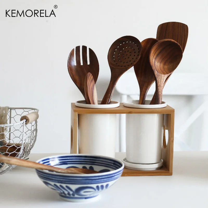 KEMORELA 1pc Teak Tableware Wooden Spoon Colander Spoon Special Nano Soup Skimming Cooking Spoon Cutlery Kitchen Accessory Tool