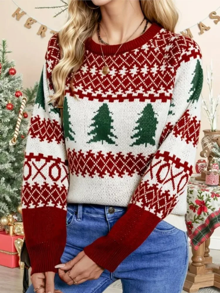 

Женская одежда Рождественская елка с принтом круглый вырез Рождественский вязаный свитер с длинными рукавами Универсальный свободный простой стильный пуловер Топ