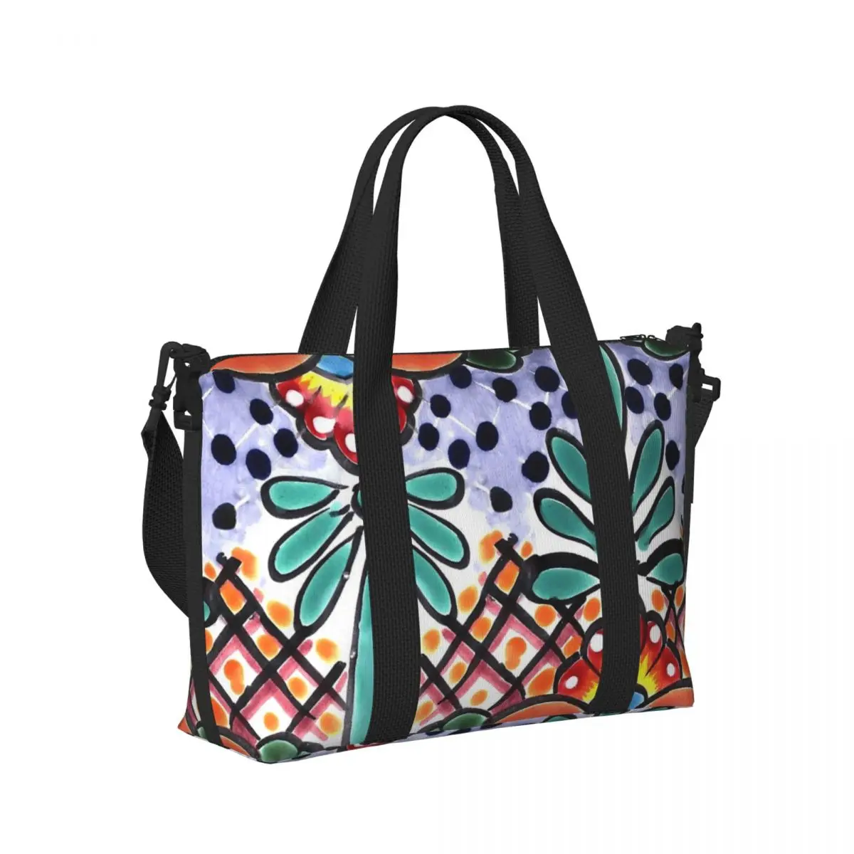 

Colorful Talavera Orange Accent Mexican Tile Design Beach Travel Bag Tote Bag for Gym Sport Women Shopping Duffle Shoulder Bag