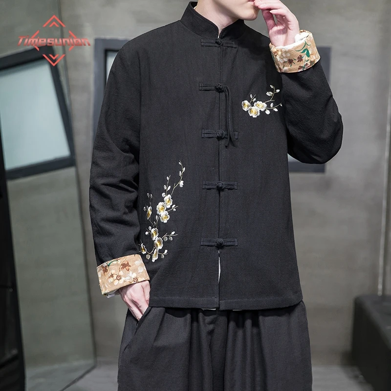 

Cotton Linen Tang Suit Jacket Man Chinese Style Plum Blossom Embroidery Outerwear Spring Autumn Large Size Traditional Top