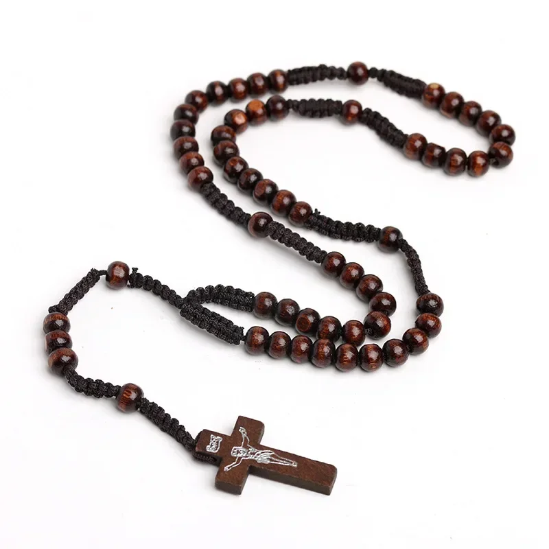 Katholische Holzperlen Halskette für Frauen Kruzifix Kreuz Anhänger geflochtene Seil Kette Rosenkranz Halskette Männer religiöse Gebet Schmuck