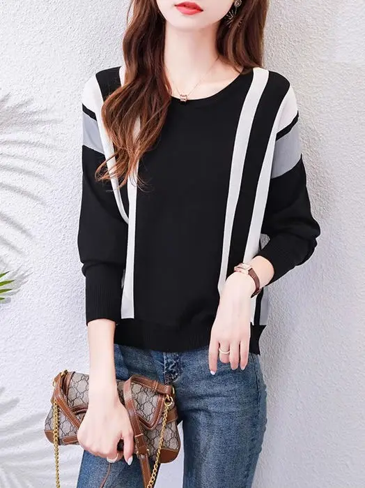 2024 Autumn/Winter Fashion Knitted Shirt Women's Striped Color Blocked Top Long Sleeve Inner Loose Sweater Bottom Shirt Trendy