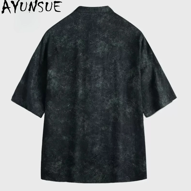 AYUNSUE 100% Natural Mulberry Silk Shirts for Man High Quality Summer Top Luxury Short Sleeve Shirts Watered Gauze Shirt Casual