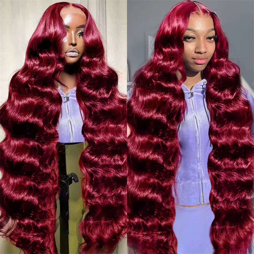 Perruque Lace Front Wig Body Wave Naturelle, Cheveux Humains, Rouge Bordeaux 99J, 13x6 HD, Pre-Plucked, Densité 200, 52 Pouces