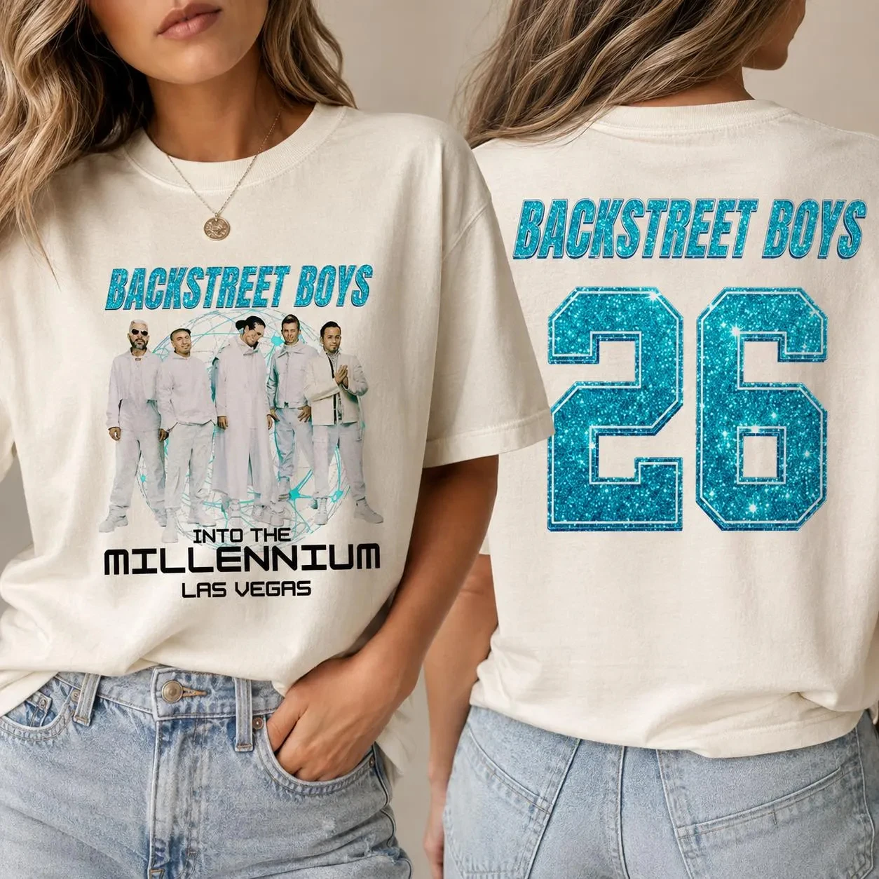 2026 Summer Camiseta Backstreet Boys Into The Millennium Las Vegas com Estampa Dupla Face, Camiseta Gráfica com Glitter 26,
