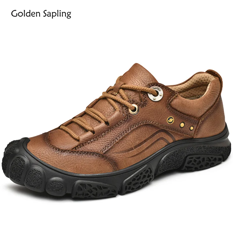 Golden Sapling Genuine Leather Shoes Men Outdoor Trekking Men\'s Casual Shoes Mountain Footwear Leisure Flats Platform Work Flat