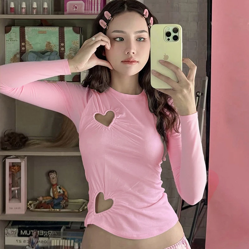 CUTENOVA Women'S Sweet Solid Color Love Hollow Out Slim Irregular Pleated Long-Sleeved T-Shirt Top Summer New Casual Simple Tops