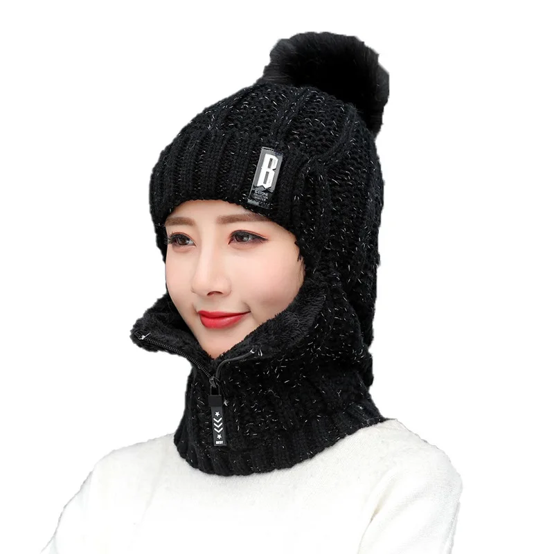 Coral Fleece Women Knitted Hats Add Fur Warm Winter Hats for Women with Zipper Scarf  Keep Face Warmer Balaclava Pompoms Cap