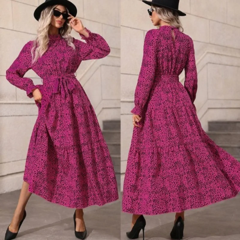 

Spring printed stand-up collar ruffle edge long-sleeved lace-up waist dress
