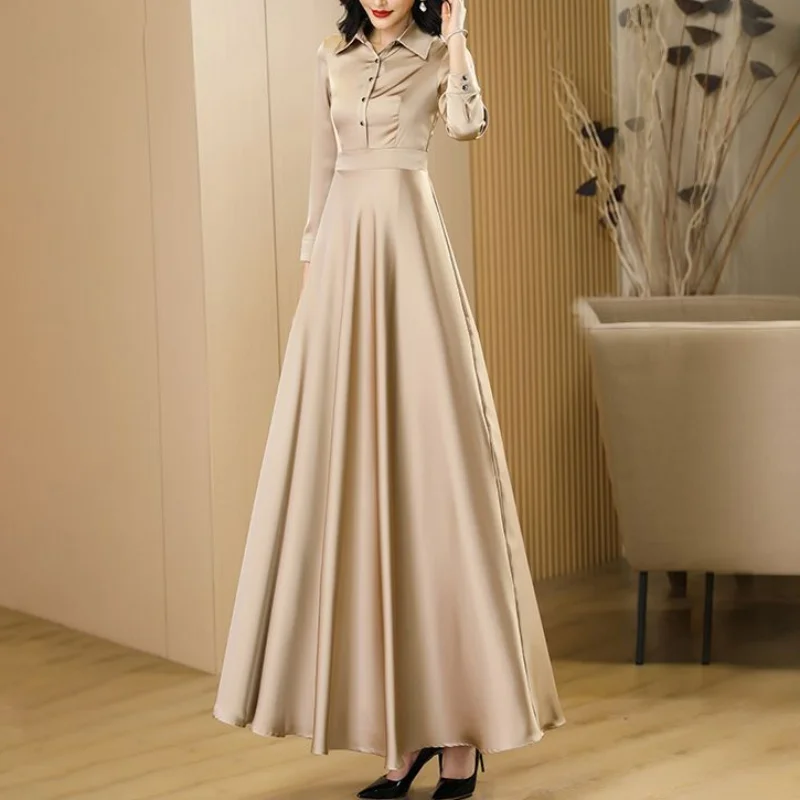 Autumn Large Swing Skirt Temperament Long Champagne Color Dress Polo Collar Button Slim Elegant Simple Waist Acetic Acid Dresses