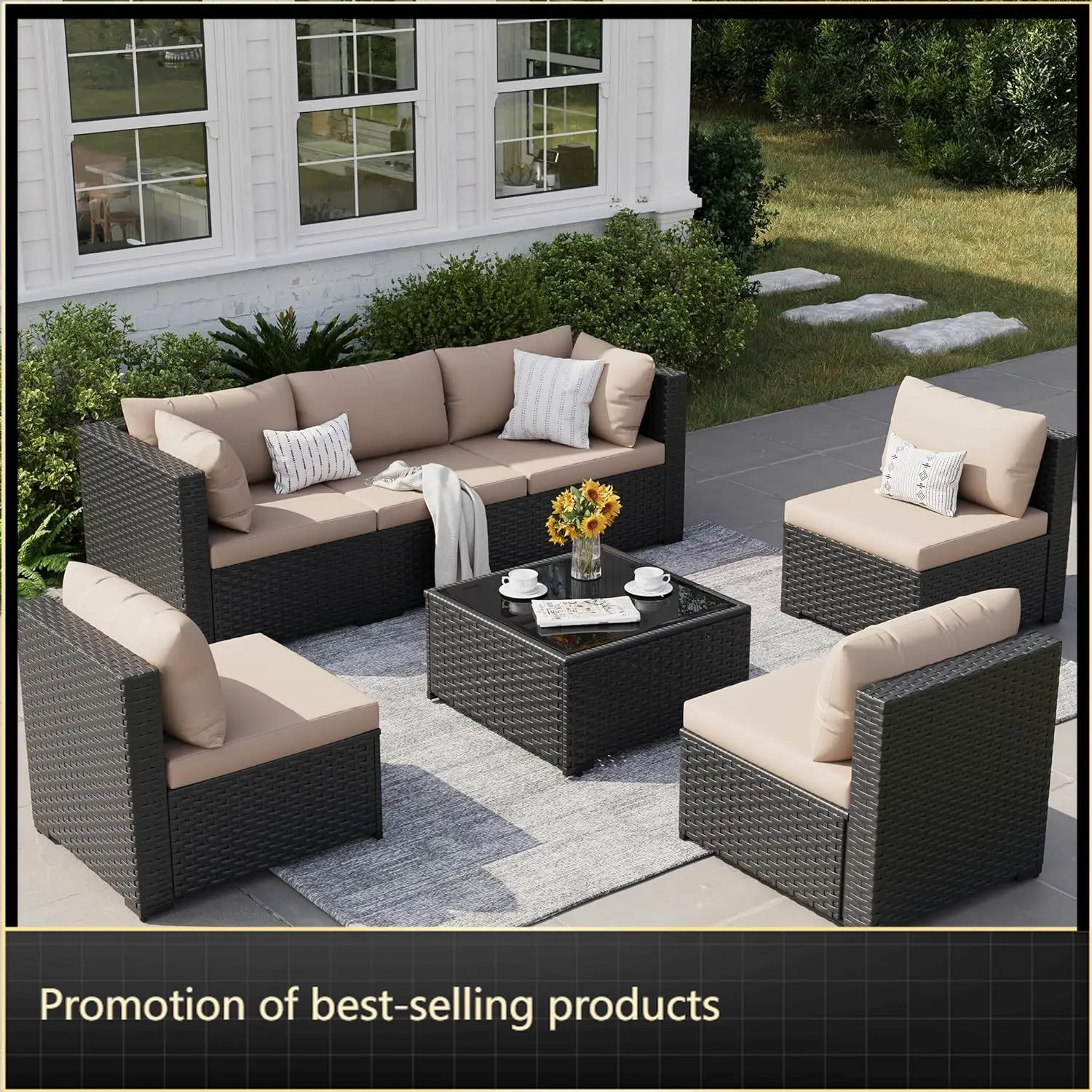 

Patio Furniture Set, 7-Piece Outdoor Sectional All-Weather Wicker Patio Conversation Set for Backyard, Garden, Beige