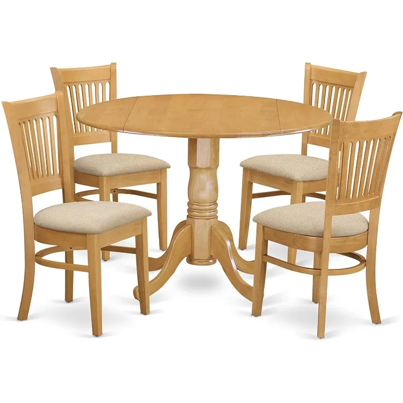 DLVA5-OAK-C Dublin 5 Piece Kitchen Set Includes a Round Dining Room Table with Dropleaf and 4 Linen Fabric Upholstered Chairs,