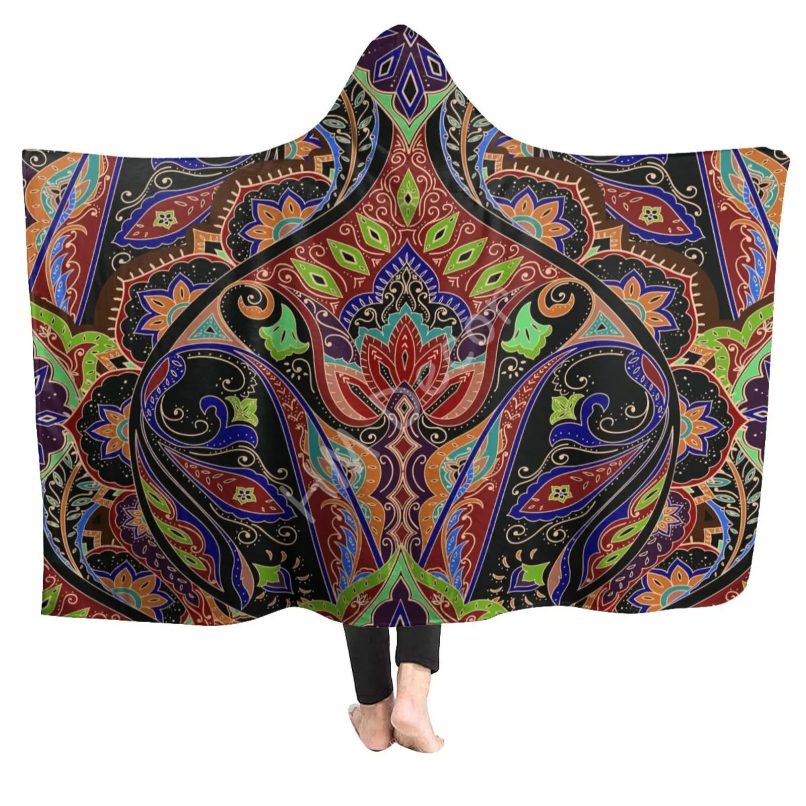 

Kuidf Boho Hooded Blanket India Paisley for Bohemian Flannel Blankets Hoodie Luxury Oversized Throw for Home Office Travel