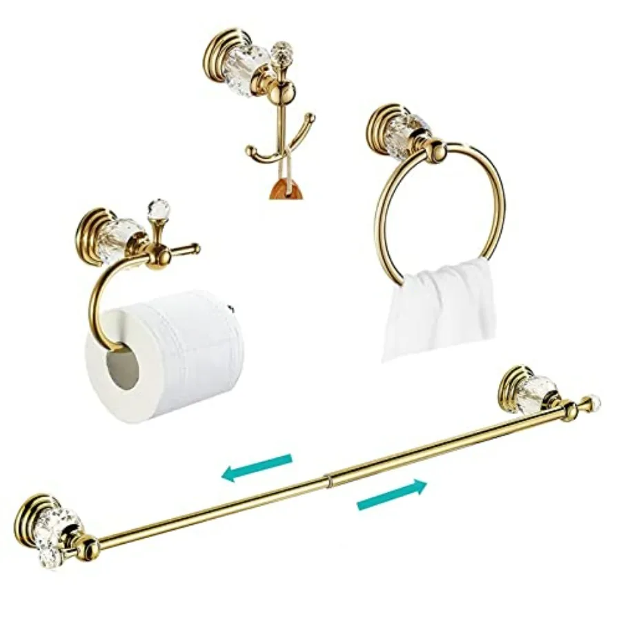 

Bathroom accessories set: brass gold-finished crystal towel bar, toilet paper holder, towel ring, robe hooks 4-piece wall-mount