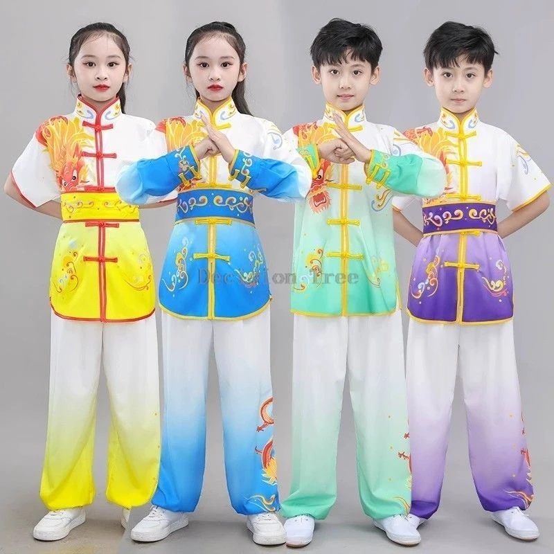 2026 creative children's printed top pants 2-piece set kids' buckle kung fu set boys/girls chinese performance wushu uniform set