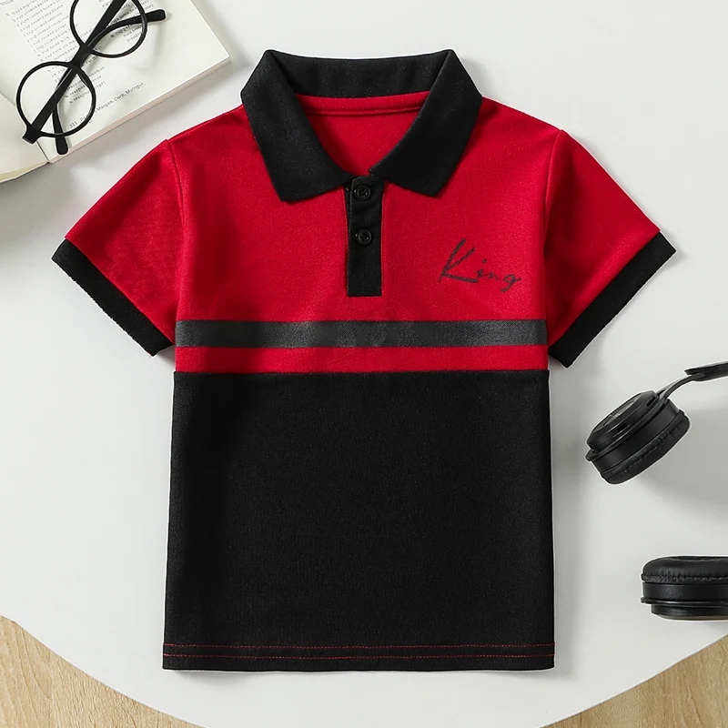 1/2 Piece Children's Summer Fashion Red and Black Color Blocked Fashion Lapel Short Sleeved Boy Handsome POLO Top Button T