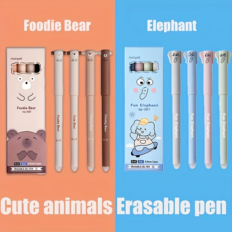 4pcs Cute Animal Erasable Gel Pen Set Medium Point, Quick Drying, Plastic, Cartoon Bear & Elephant Design for Office Accessories