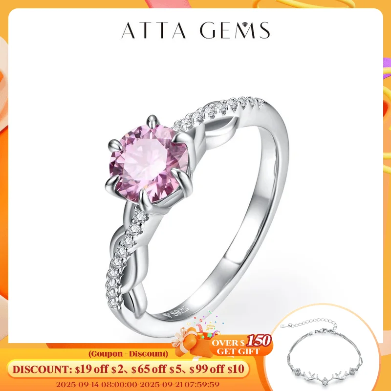 

ATTAGEMS D Color Round Cut 1.0ct Pink Moissanite Ring for Women Man Real 100% 925 Sterling Silver Engagement Anniversary Jewelry