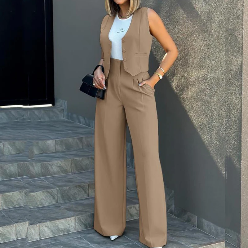 Casual Office Lady Solid New Spring Sleeveless Outfits Women Elegant V Neck Single-breasted Waistcoat Tops&High Waist Pants Set