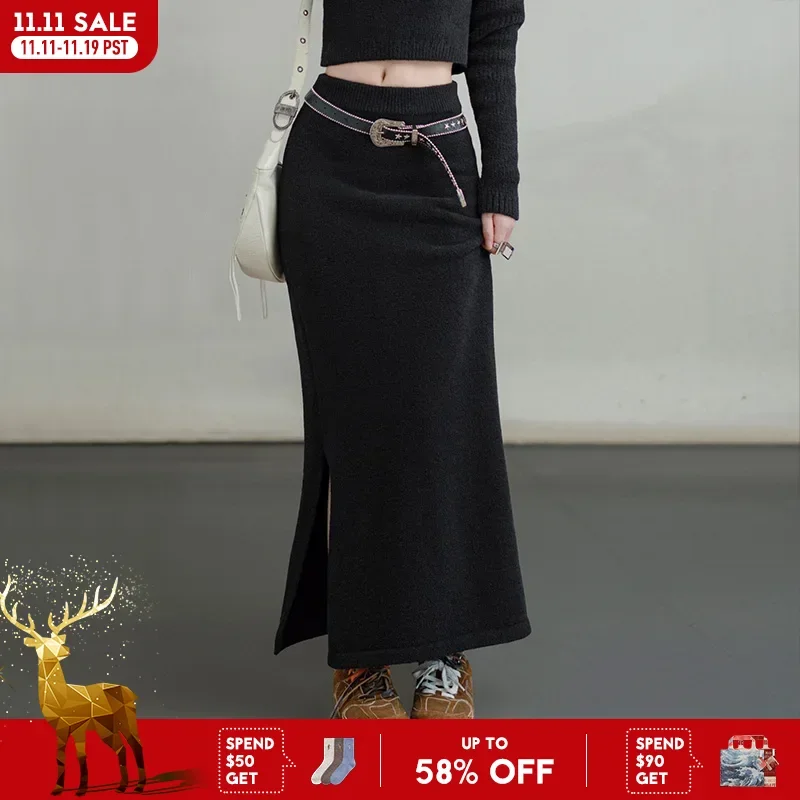 

Вязаная юбка Maden в стиле ретро, однотонная, с разрезом и односторонним разрезом, универсальная юбка трапециевидной формы для женщин на осень и зиму