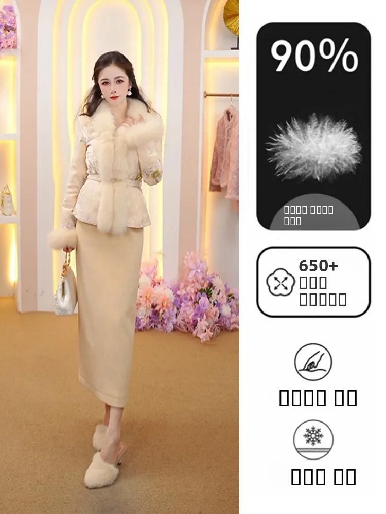 

Женская зимняя куртка-пуховик Ele White Goose Down с меховым воротником в традиционном китайском стиле, теплая, утолщенная